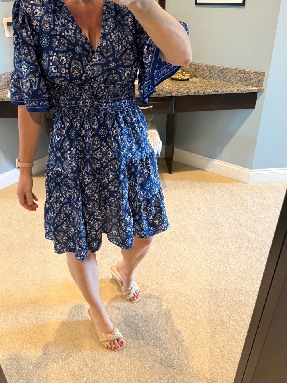 Blue Smocked Waist V-Neck Floral Dress max studio